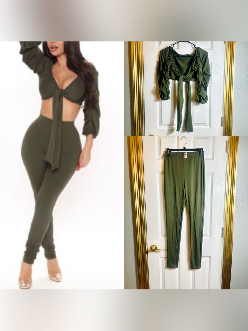 Olive Green Two-Piece Tie-Front Top & High-Waist Leggings Set